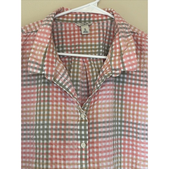 LL Bean Coral Green Seersucker Gingham Popover Blouse Shirt Top Womens XL - Picture 3 of 7